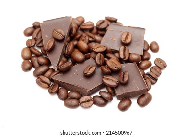 Chocolate And Coffee Beans Closeup.