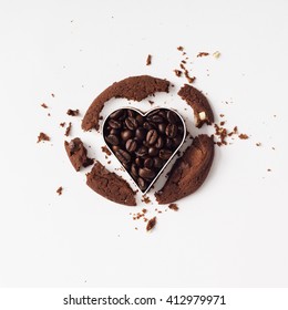 Chocolate Coffee Cookie Cut With Heart Cutter. Flat Lay. Love Concept.