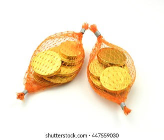 Chocolate Coin Gold In Mesh Bags On White Background.