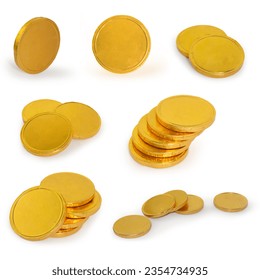 Chocolate coins isolated on white background. Set of photos of gold chocolate sweet coins in foil. Dessert, money, mockup. - Powered by Shutterstock