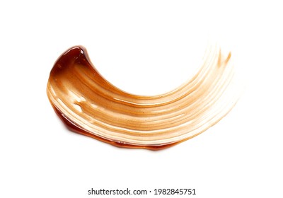 Chocolate Colored Gel Smear And Texture. Cosmetic Gel Or Caramel Syrup On White Background