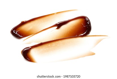 Chocolate Colored Gel Smear And Texture. Cosmetic Gel Or Caramel Syrup On White Background