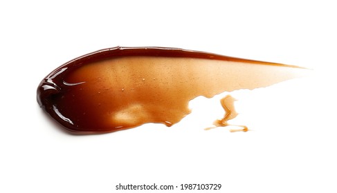 Chocolate Colored Gel Smear And Texture. Cosmetic Gel Or Caramel Syrup On White Background