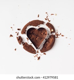 Chocolate Cookie Cut With Heart Cutter. Flat Lay. Love Concept.