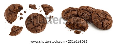 chocolate cookies broken isolated on white background with full depth of field. Top view. Flat lay
