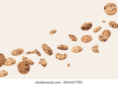 Chocolate cookies flying on a cream background. Biscuit sweet food concept. - Powered by Shutterstock