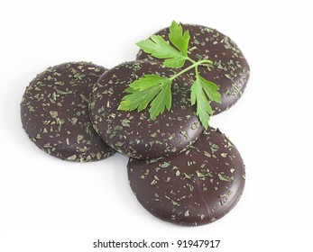 Chocolate Cookies With Mint Leaves