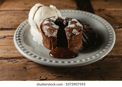 Chocolate Coulant Or Fondant Melting Delicious Pudding And Ice Cream