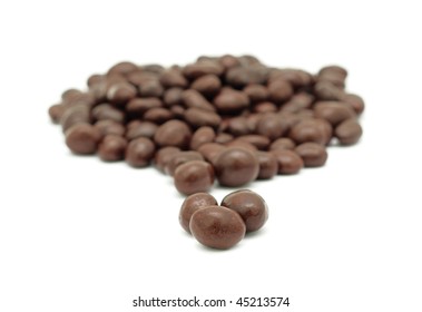 Chocolate Covered Almonds, Isolated On A White Background