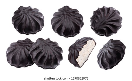 Chocolate Covered Marshmallows, Traditional Russian Zephyr In Chocolate Isolated On White Background With Clipping Path, Collection