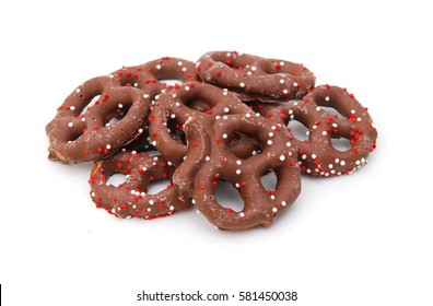 Chocolate Covered Pretzels On White Background 