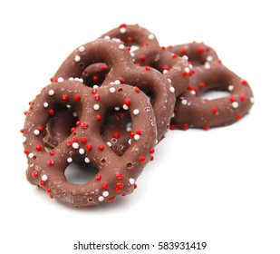 Chocolate Covered Pretzels On White Background 