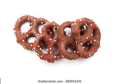 Chocolate Covered Pretzels On White Background 