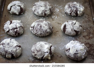 Chocolate Crackle Cookies With Powdered Sugar Coating.