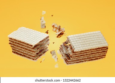 Chocolate Crackle Crispy Wafers With Crumbs On Yellow Background. Food And Snack For Sweet Tooth