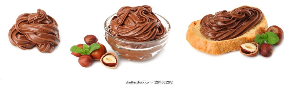chocolate cream with hazelnut isolated on white background. chocolate cream collection. set. - Shutterstock ID 1294581292