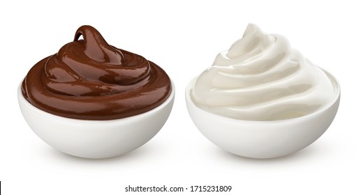 Chocolate cream and milk vanilla cream in bowl isolated on white background with clipping path, swirl of hazelnut paste - Shutterstock ID 1715231809