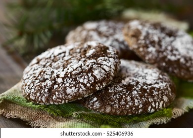 Chocolate Crinkle Cookies, Traditional American Christmas Cookies, Photographed With Natural Light (Selective Focus, Focus On The Front Of The Right Cookie And One Fourth Into The Left Cookie)