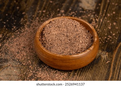 chocolate crumbs in a wooden bowl close up, round wooden bowl with chocolate pieces and chips - Powered by Shutterstock