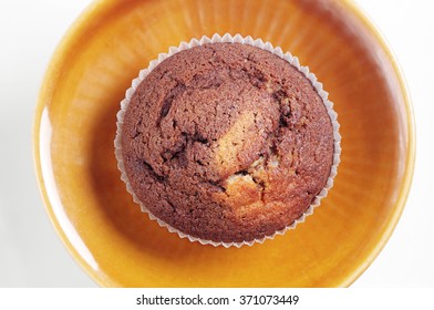Chocolate Cupcake In Plate On White Background, Top View