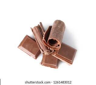 Chocolate Curls And Pieces Isolated On White, Top View