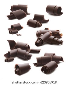 Chocolate curls set isolated on white background. Cocoa shavings with clipping path. Package design elements