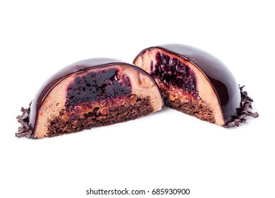 Chocolate dessert with  blackberry jam (cut, section)