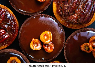 Chocolate Desserts Food In Flat Lay.Pastry Products With Cocoa And Nuts Served For Lunch In Cafe.Delicious Bakery Products For Dessert.Download Royalty Free Curated Images Foods Collection For Design 