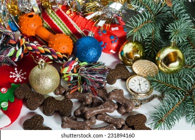 Chocolate Dog Cookies And Toys In A Santa Sock Surrounded By Christmas Decor