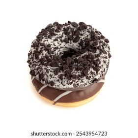 Chocolate Doughnuts Isolated, Glazed Donuts with Brown Crumbs and White Stripes, Cocoa Doughnuts on White Background - Powered by Shutterstock