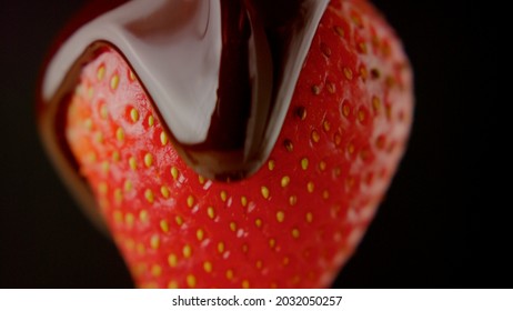 Chocolate Driping On Strawberry Close Up Macro Liquid Drip Sweet Chocolate