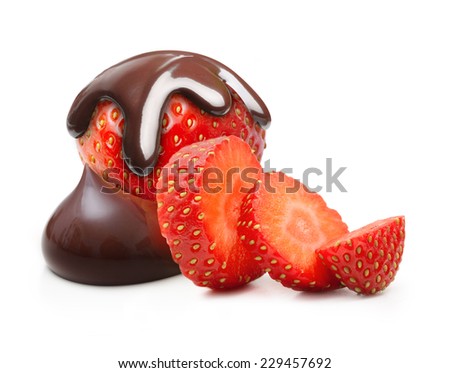 Chocolate drop on red berry strawberry isolated on white background