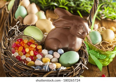 Chocolate Easter Bunny In A Basket With Assorted Candy