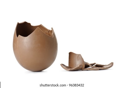 Chocolate Easter Egg Broken With Pieces, Isolated On White