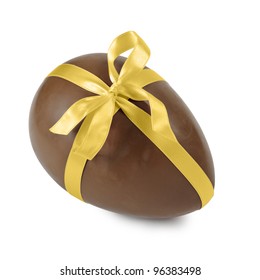Chocolate Easter Egg With Gold Ribbon, Isolated On White