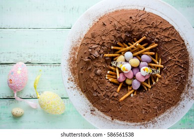 Chocolate Easter Egg Nest Cake , Easter Food Concept Background