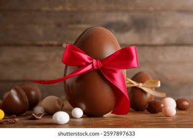 Chocolate easter egg with red ribbon and candy on rustic wooden table, holiday celebration and sweet treat, scattered around are smaller chocolate eggs and various colorful candies