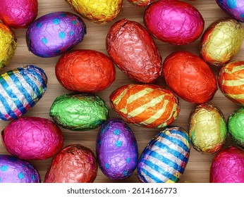 Chocolate easter eggs in colored papers in top view. Easter eggs background.