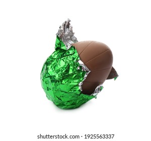 Chocolate Egg In Green Foil On White Background