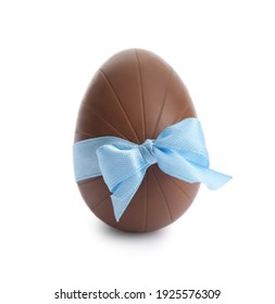 Chocolate Egg With Light Blue Bow Isolated On White