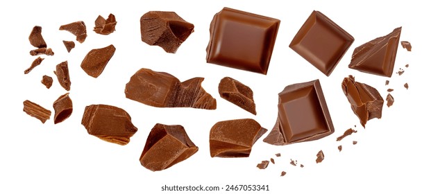 Chocolate explosion isolated on white.  Flying Chocolate pieces  Top view. Package design elements Flat lay. Top view.
 - Powered by Shutterstock