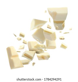 Chocolate Explosion, Pieces Shattering On White Background