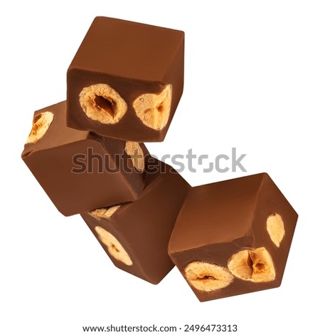 Chocolate explotion. Flying Cubes of milk chocolate bar with hazelnuts isolated on white background. 