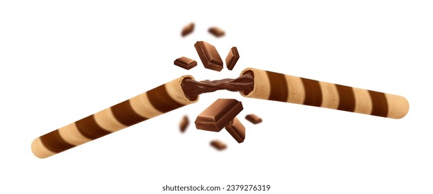 Chocolate Filled Wafer Stick with Chocolate Bar isolated on white background, 3d illustration.