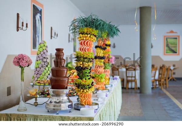 Chocolate Fountain Palmtree Fruits Wedding Reception Stock Photo