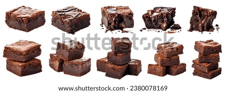 Chocolate fudge brownie cake, front view on white background cutout file. Many assorted different design angles. Mockup template for artwork