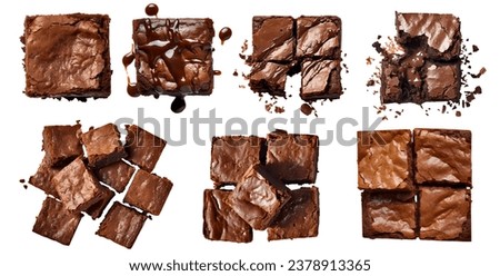 Chocolate fudge brownie cake, top view on white background cutout file. Many assorted different design angles. Mockup template for artwork
