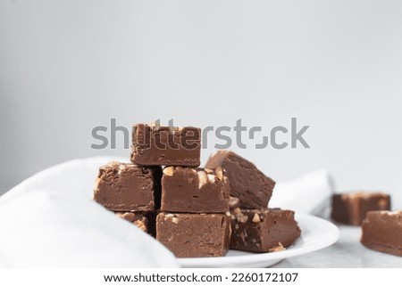 chocolate fudge with nuts on a white ceramic plate, chocolate fudge cut into pieces, fudge candy on a plate