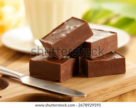Chocolate Fudge Squares : tempting stack of rich chocolate fudge squares on a wooden board with a knife and blurred background, showcasing indulgent dessert photography