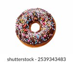 Chocolate garnish Donut. Frosted Chocolate Donut, Chocolate Drizzled Donut, Chocolates donut close-up on a white background. Colorful Chocolate Covered Donuts with colorful Sprinkles A Delicious Treat